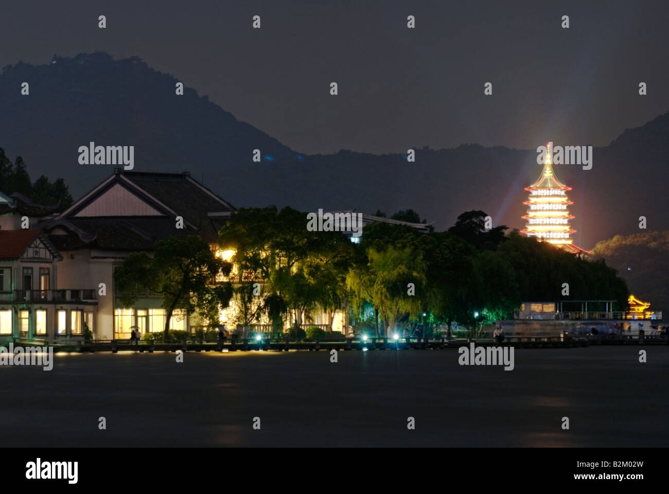China, Hangzhou, Xi Hu, West Lake At Night Stock Photo
