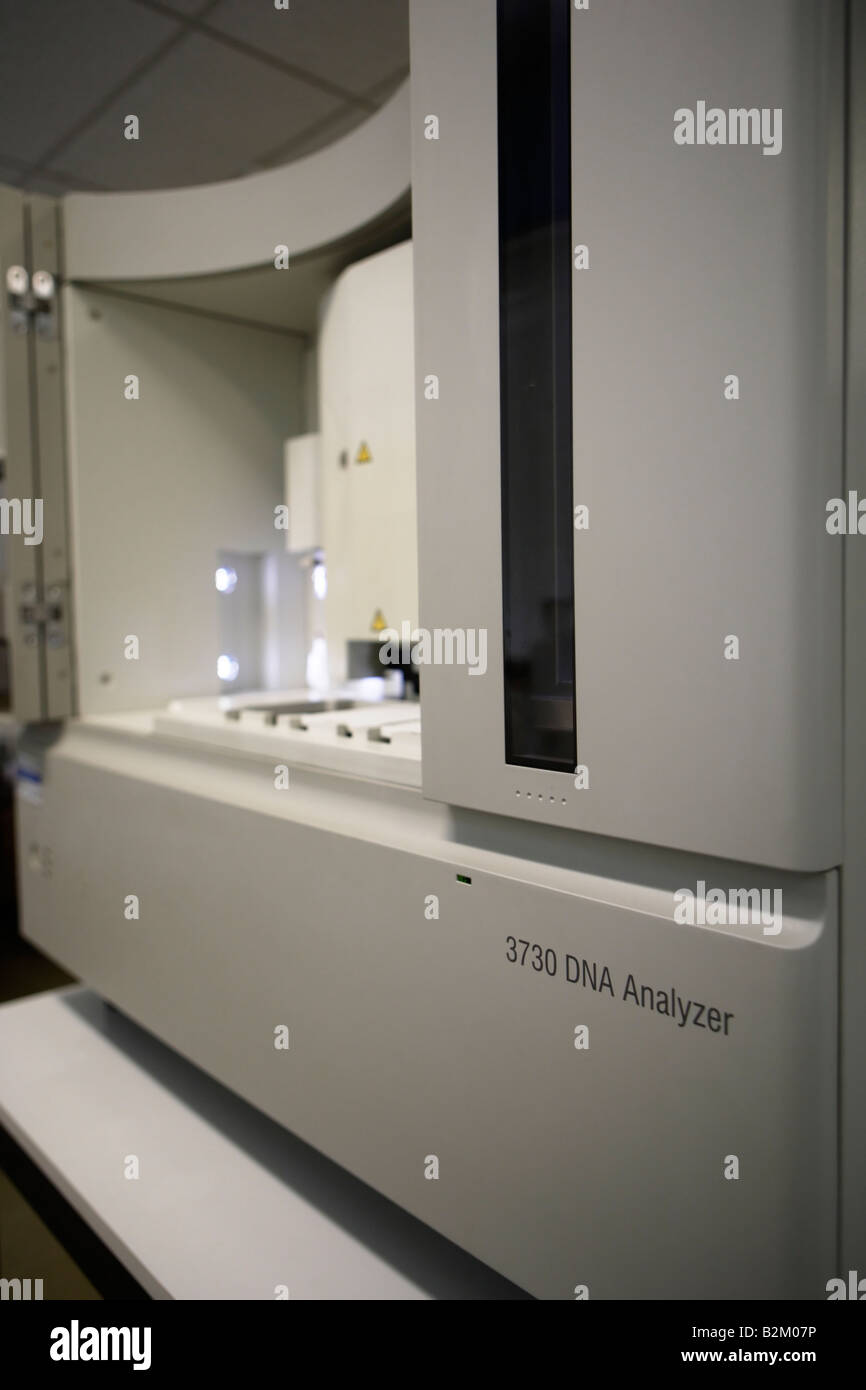 Machine for automatically analysing base sequences in lengths of DNA for research purposes Stock Photo