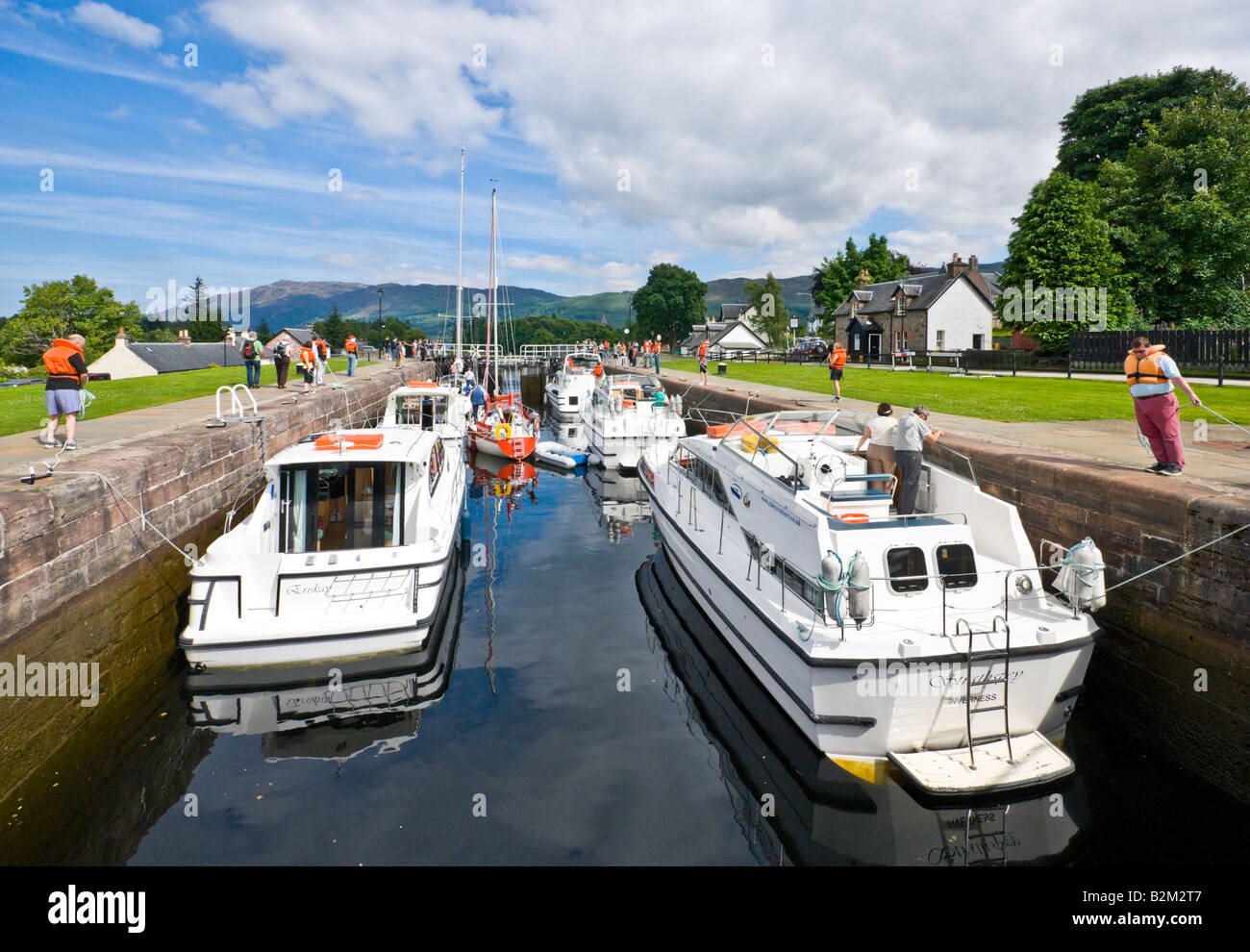 A full lock at the Caledonian Canal at Fort Augustus Scotland with