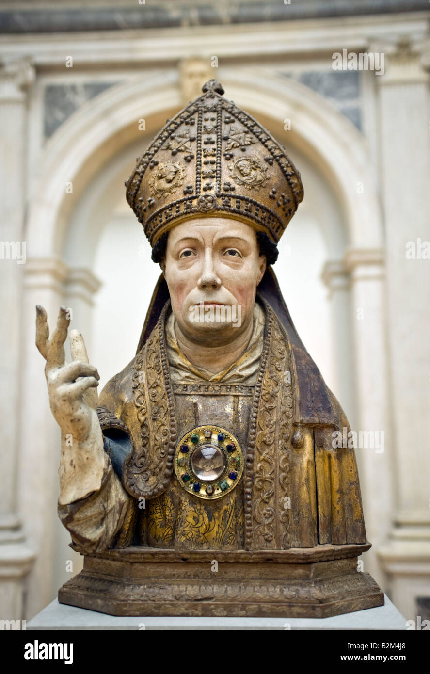 Old wooden bust of bishop in Bode Museum Berlin Germany Stock Photo