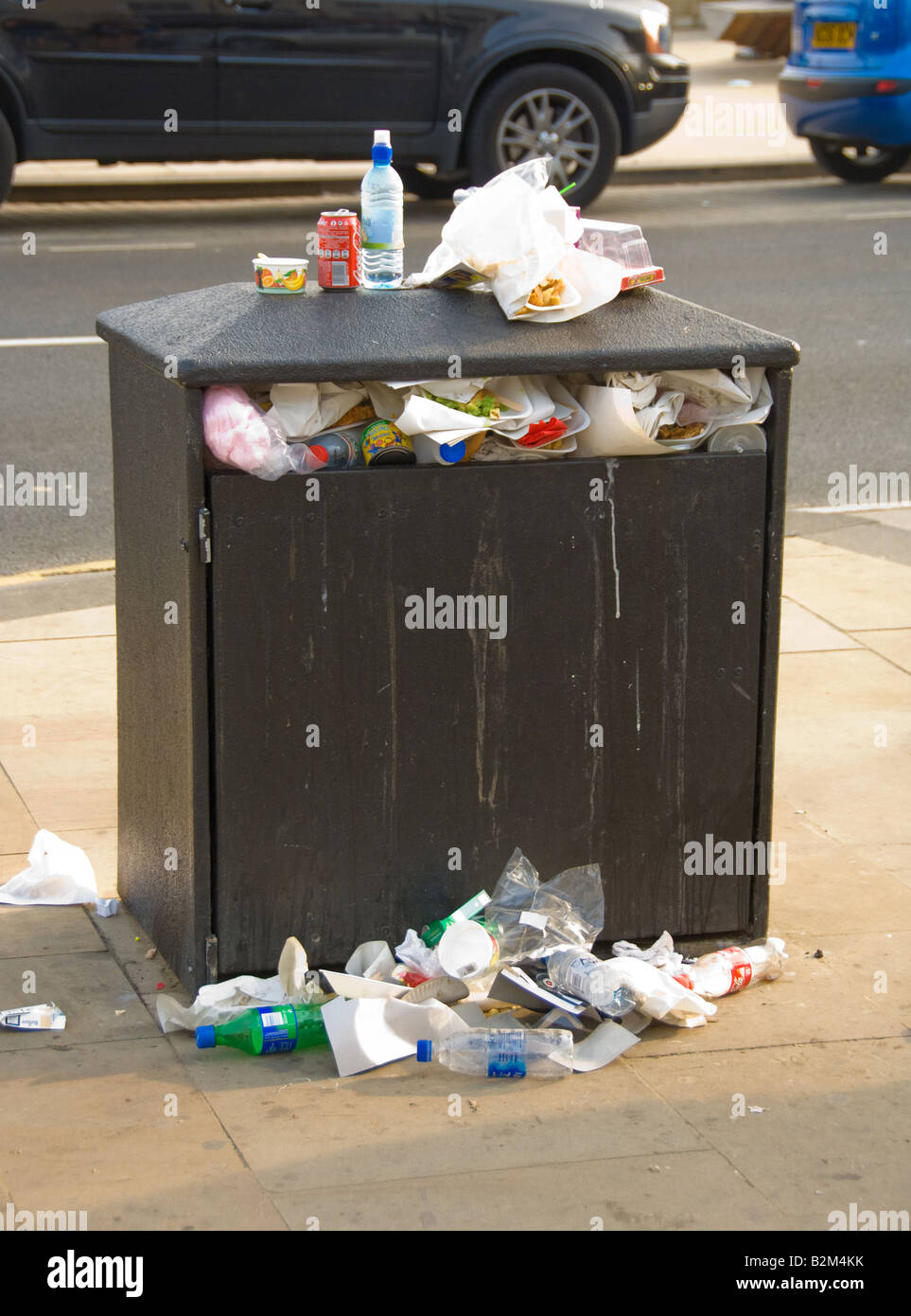 Overflowing rubbish bin situated on Scarborough seafront. UK Stock Photo