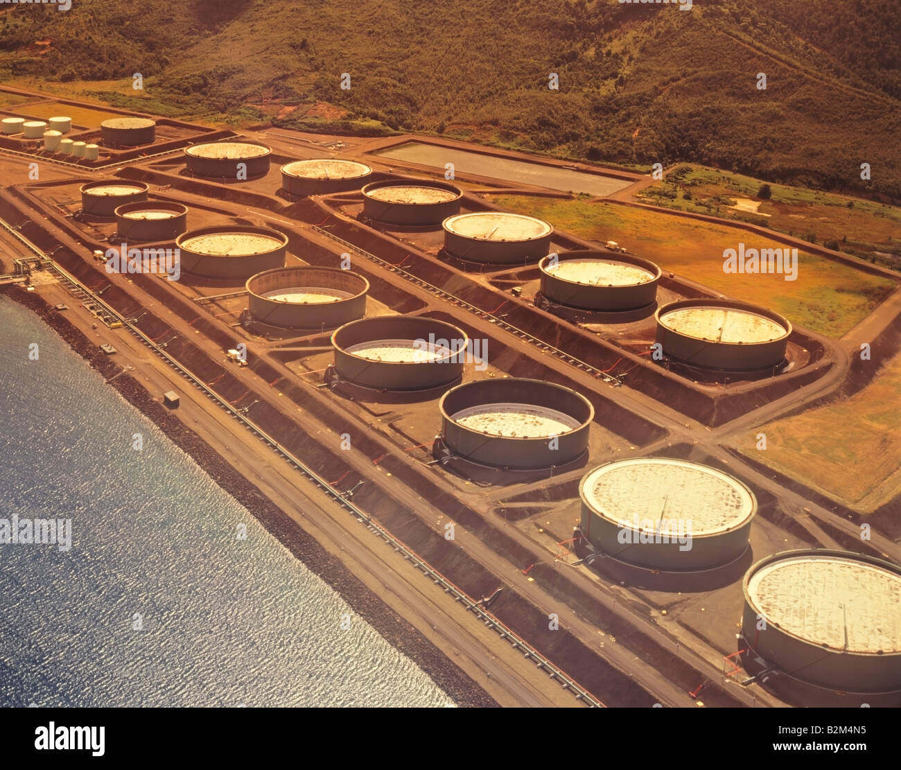 Crude oil storage and transshipment facility, Cul-de-Sac Bay, Castries, St. Lucia, Caribbean Stock Photo