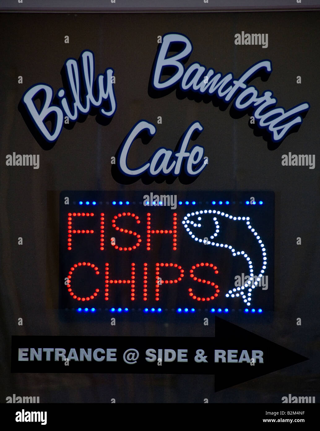 Billy Bamfords Cafe fish and chip sign in window Stock Photo