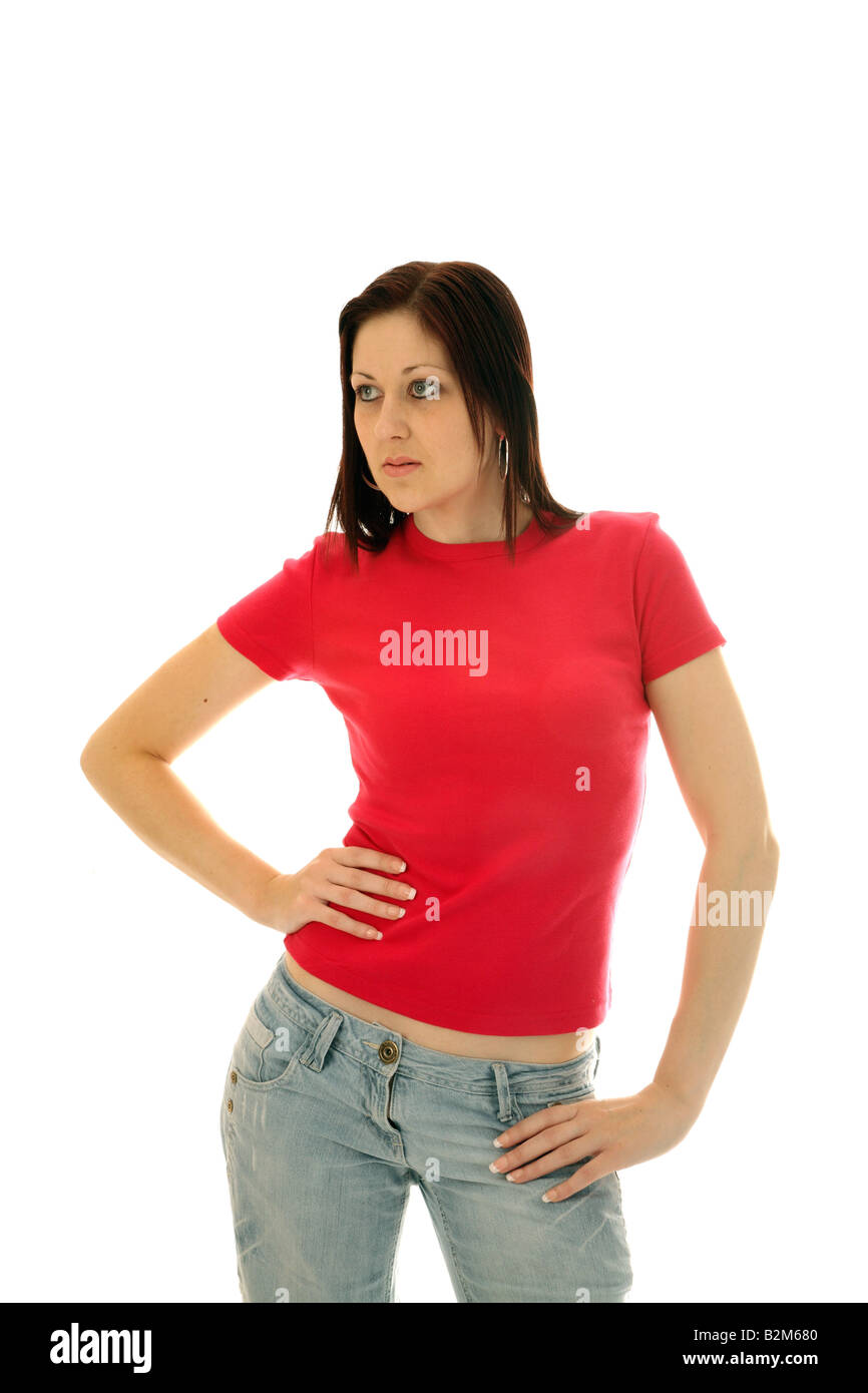 July 2008 - Cute young woman in a bright pink t shirt Stock Photo