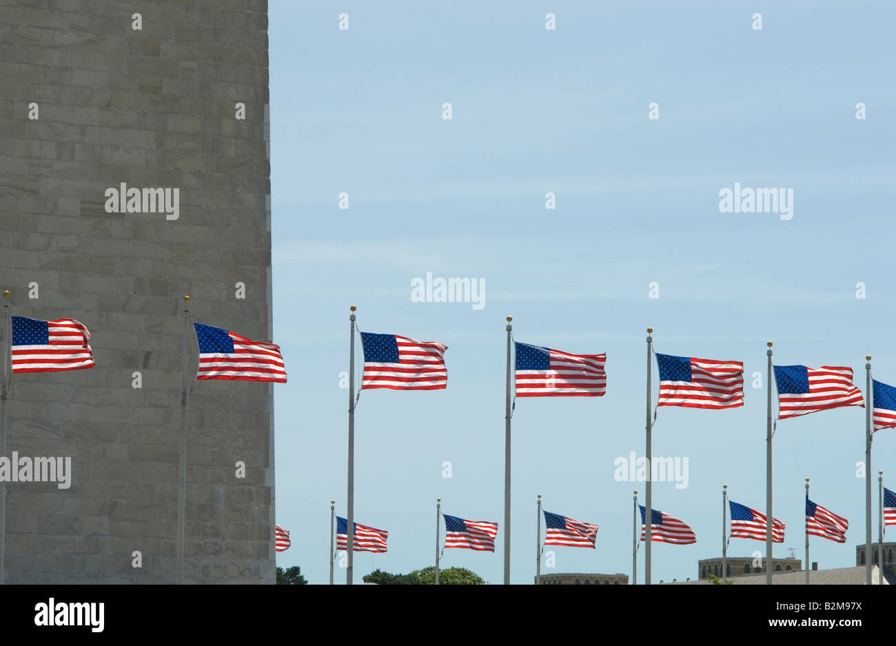 U S Flags at base of Washington Mounument Stock Photo
