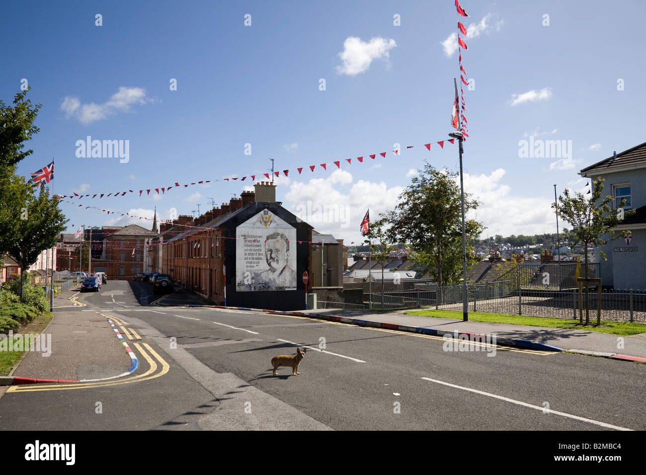 Unionist flags and murals in The Fountain district of Londonderry, County Derry, Northern Ireland Stock Photo