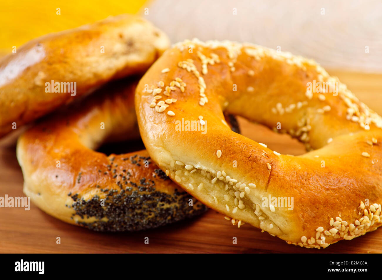 Fresh assorted Montreal style bagels close up Stock Photo