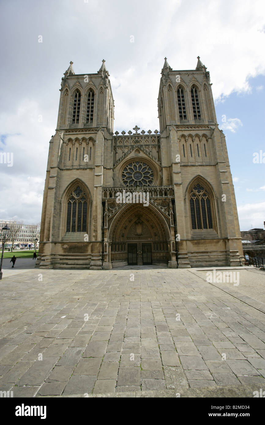 City of Bristol, England. The John Loughborough Pearson designed towers at the west front entrance to Bristol Cathedral. Stock Photo