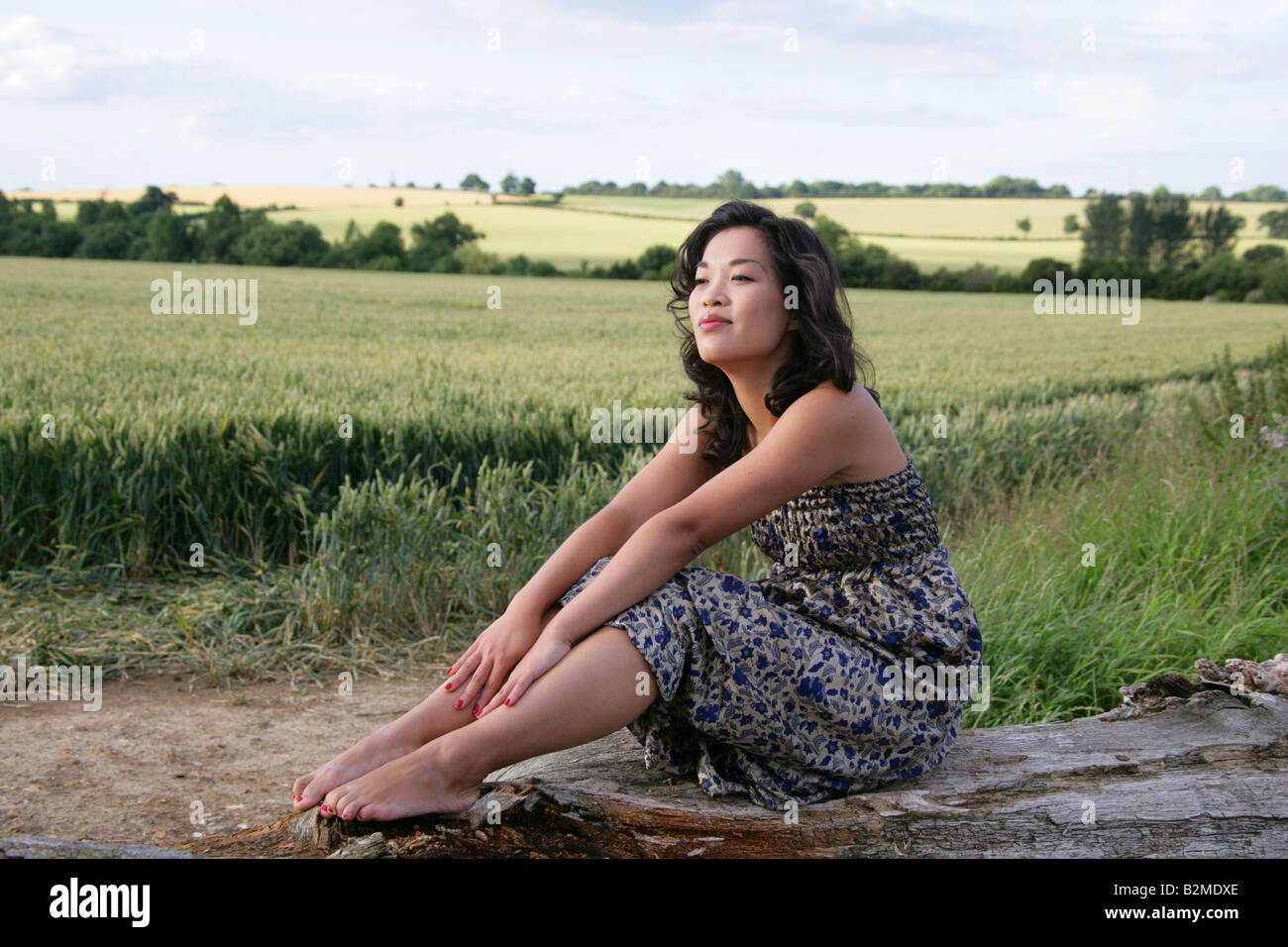 Chinese Girl Sitting on a Log in Front of a Cornfield Stock Photo