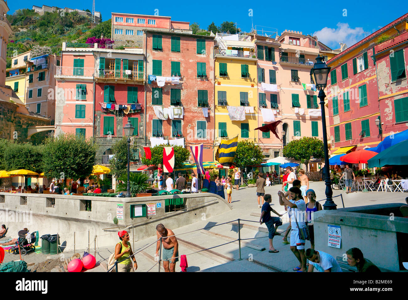 Brightly colored housing of Vernazza, typical of the Cinque Terre region on the northwest coast of Italy. Stock Photo