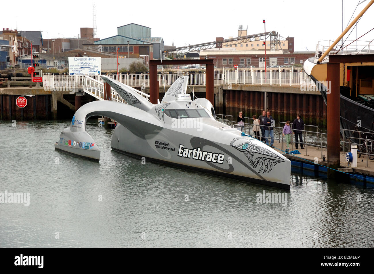Round the world powerboat record holder Earthrace (AKA Ady Gil), berthed in Lowestoft, Suffolk, UK Stock Photo