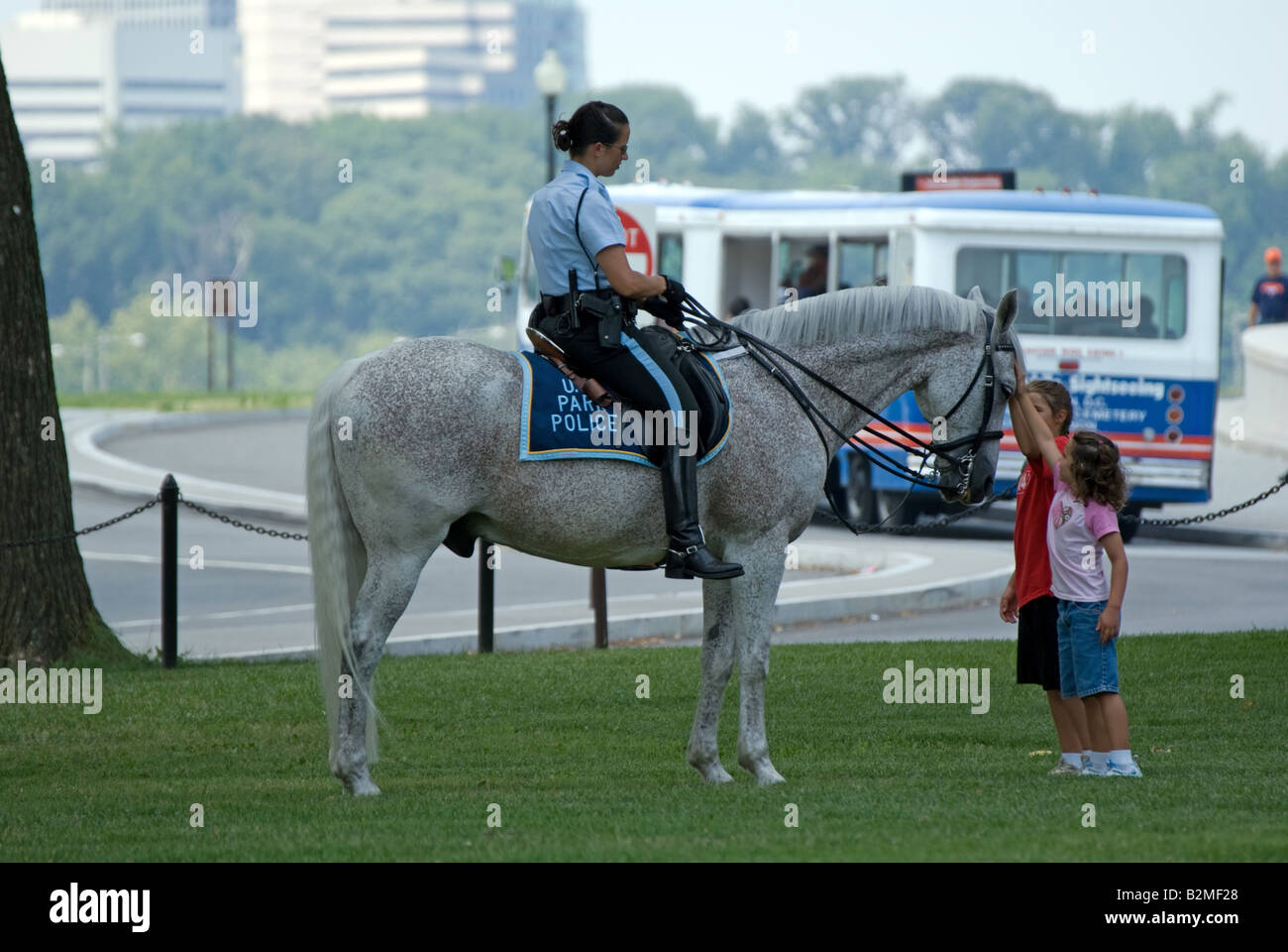 US Park Policewoman on Horse in Front of Lincoln Memorial Washington DC Stock Photo