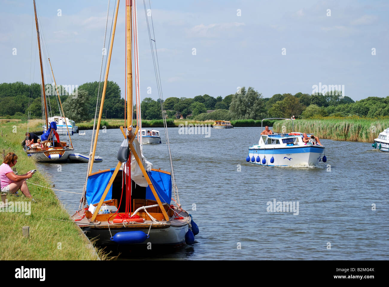 Boats on River Bure at Acle Bridge, Norfolk Broads, Norfolk, England