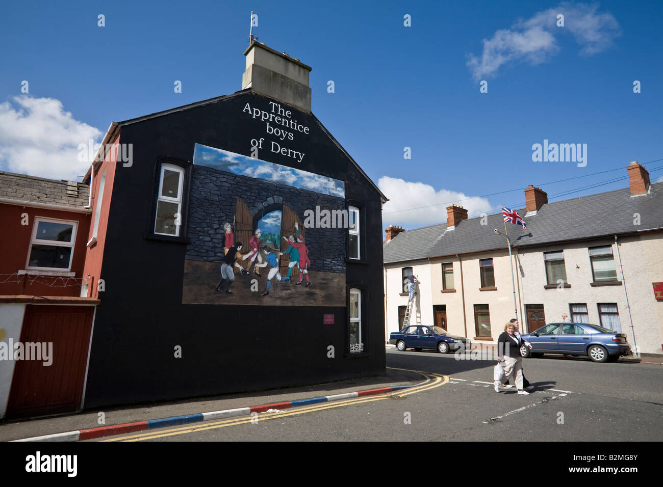 Unionist mural of the Apprentice Boys of Derry, Emerson Street, off Bond's Street, Waterside, Londonderry, Northern Ireland Stock Photo