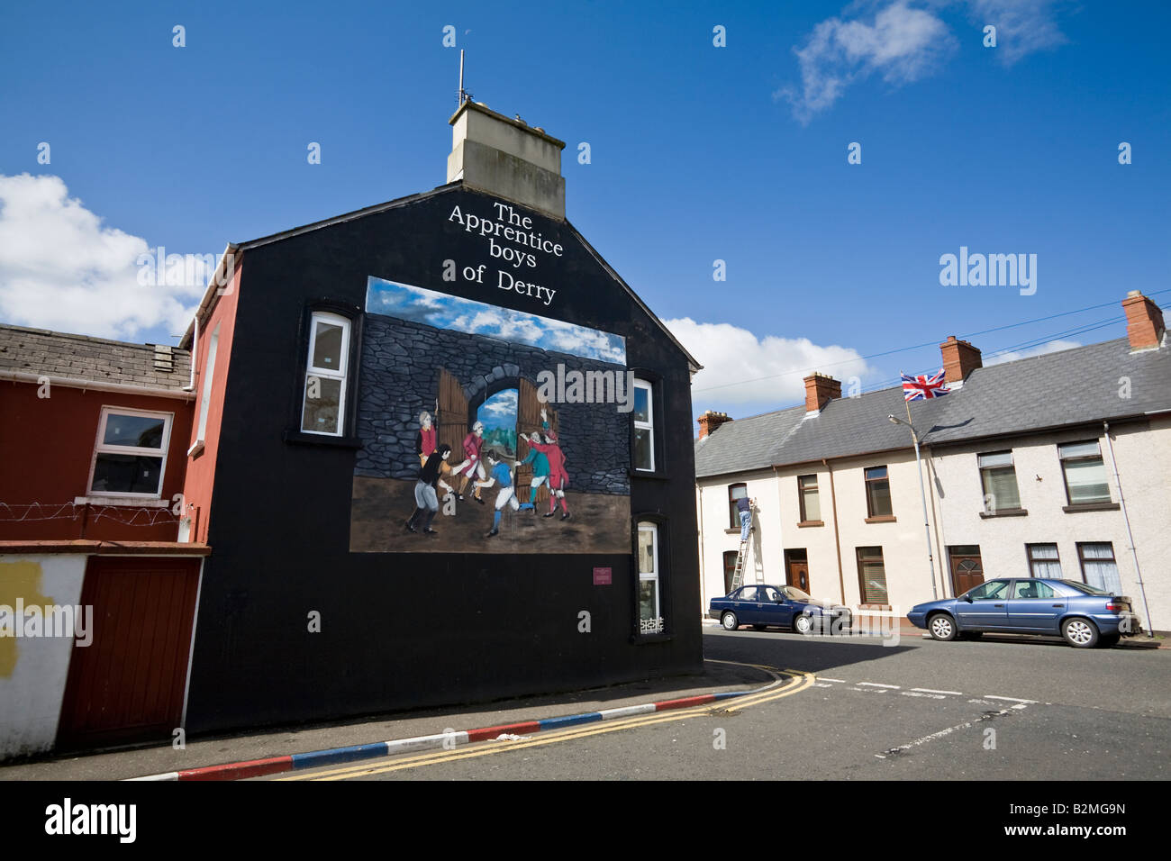 Unionist mural of the Apprentice Boys of Derry, Emerson Street, off Bond's Street, Waterside, Londonderry, Northern Ireland Stock Photo