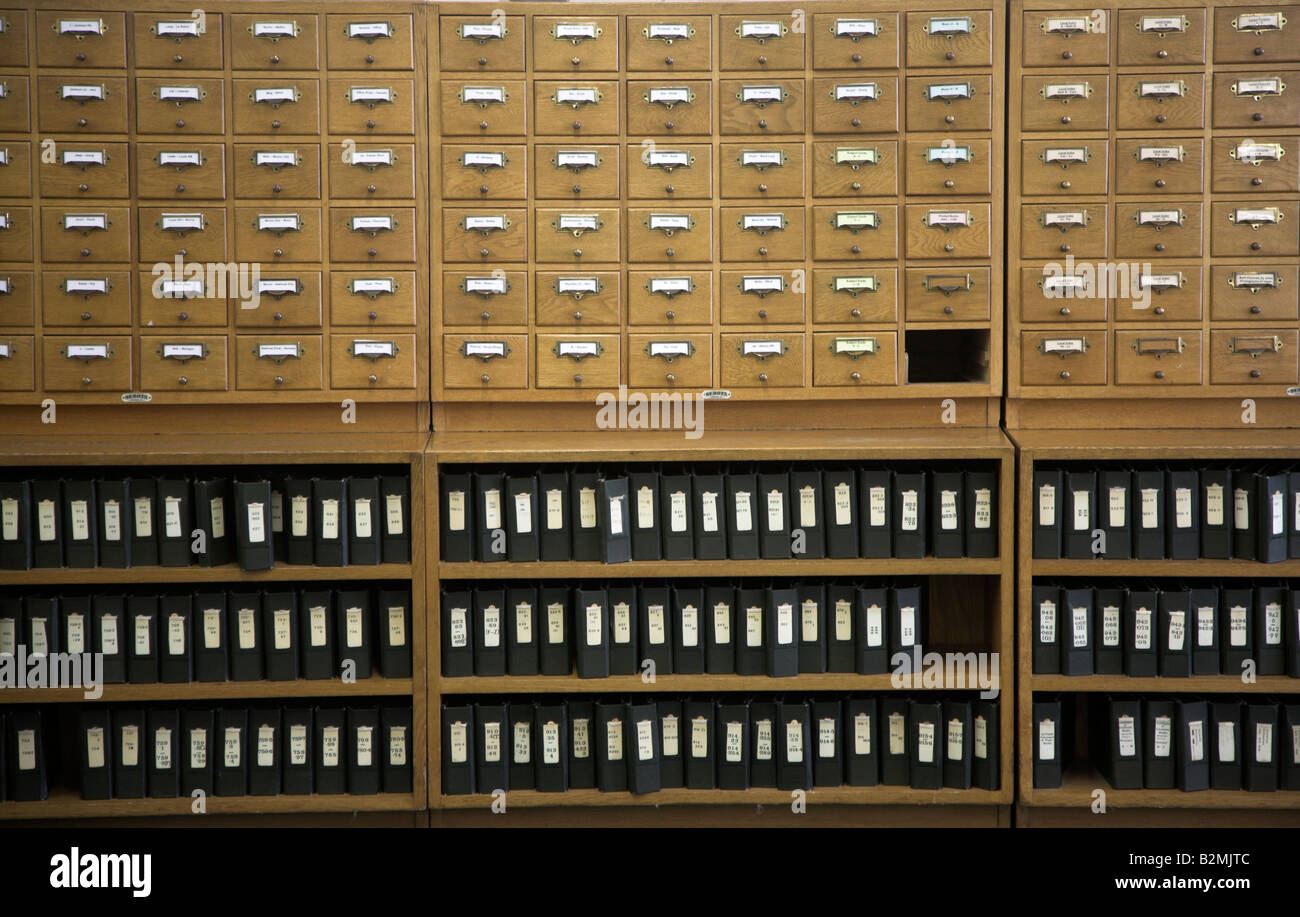 Wooden card filing box system in library with one missing Stock Photo