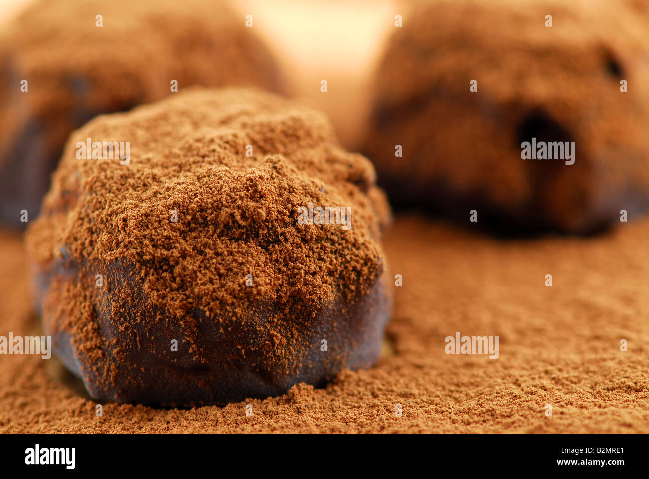 Macro of dark chocolate truffles sprinkled with cocoa powder Stock Photo
