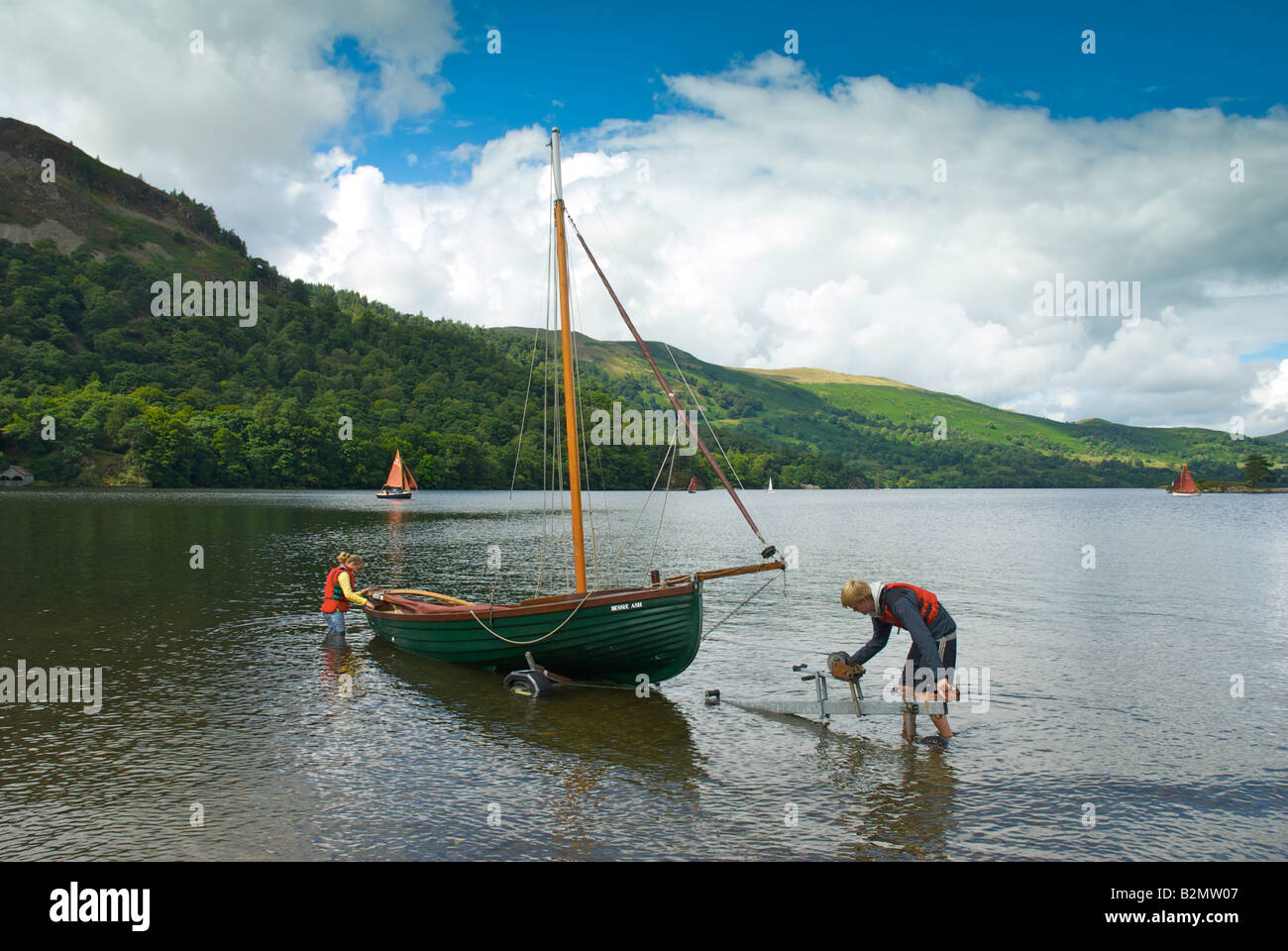 Launching classic sailing boat from a trailer, at Glenridding