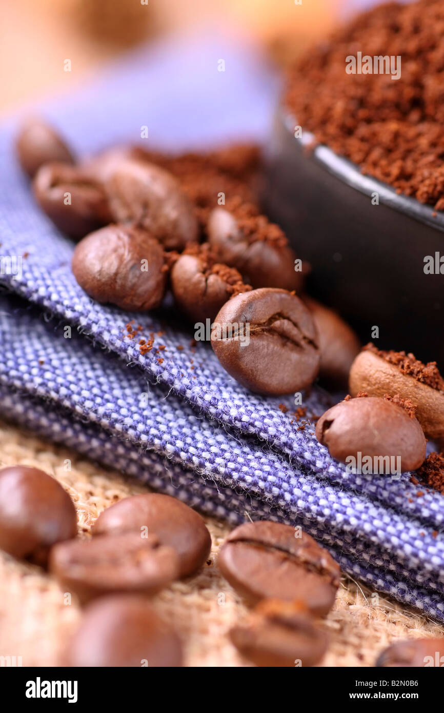 freshly ground coffee and coffee beans Stock Photo Alamy