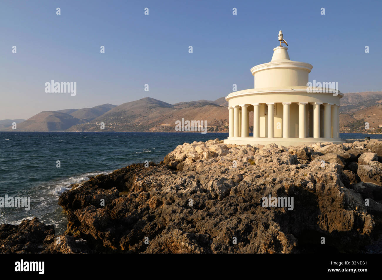 The Agios Theodoros lighthouse at the entrance to Argostoli bay. Cephallonia, Greece Stock Photo