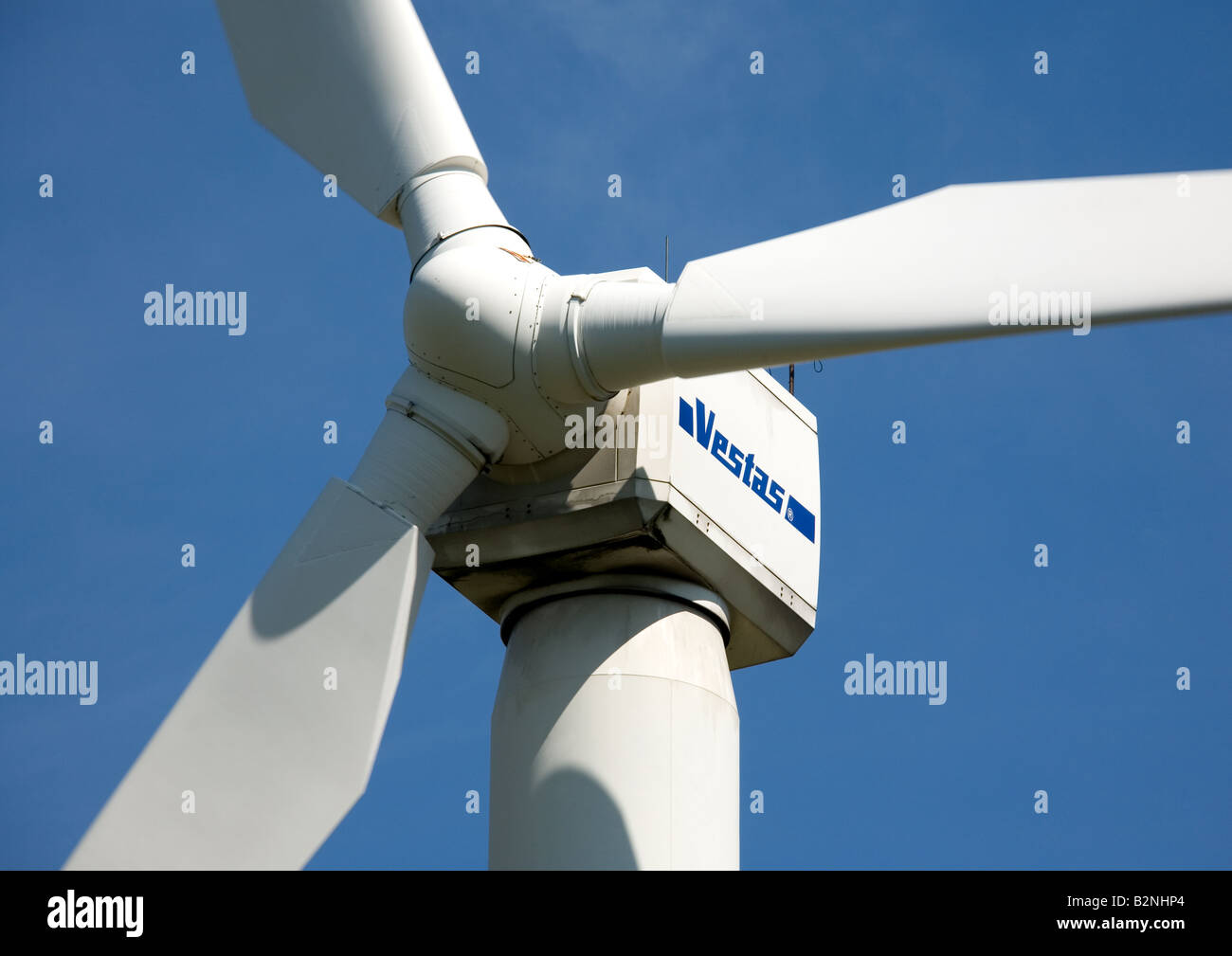 A Vestas wind turbine providing diverse renewable energy at Coal Clough Windfarm, Cliviger, Near Burnley, Lancashire, England Stock Photo