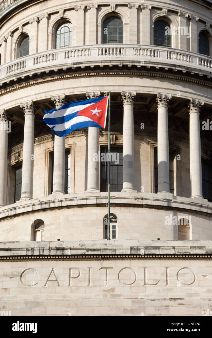 Cuban national flag flying on the Capitolio in La Habana Vieja Havana Cuba Stock Photo