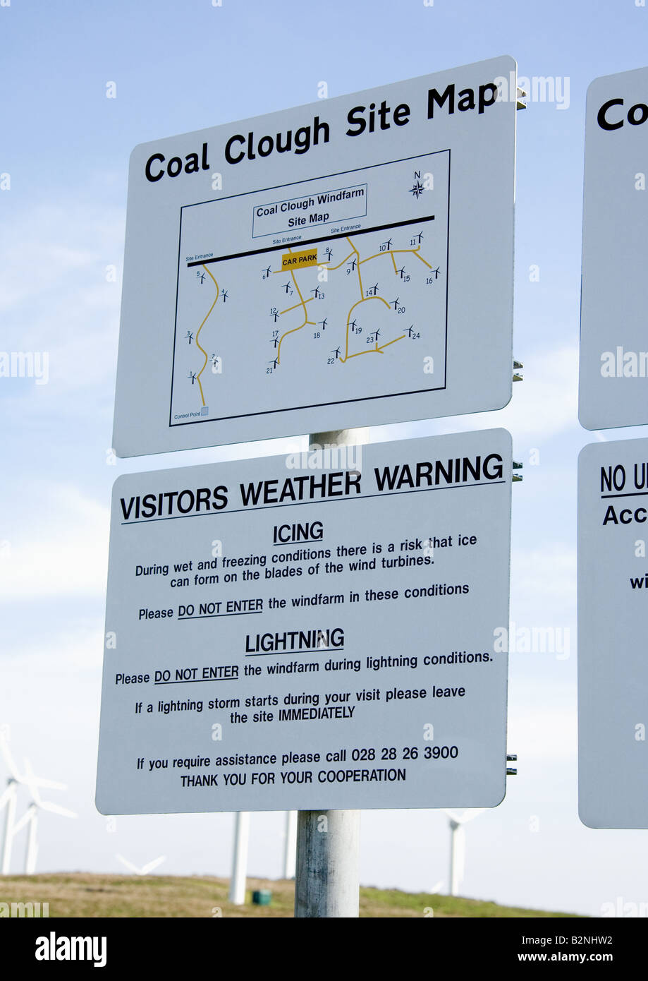 Site map and signage at the site entrance to Coal Clough Windfarm, Cliviger, Near Burnley, Lancashire, England, UK. Stock Photo