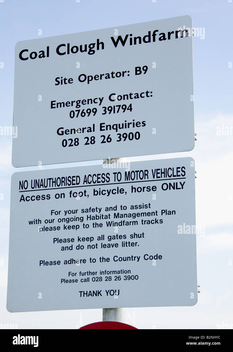 Safety signage at the site entrance to Coal Clough Windfarm, Cliviger, Near Burnley, Lancashire, England, UK. Stock Photo
