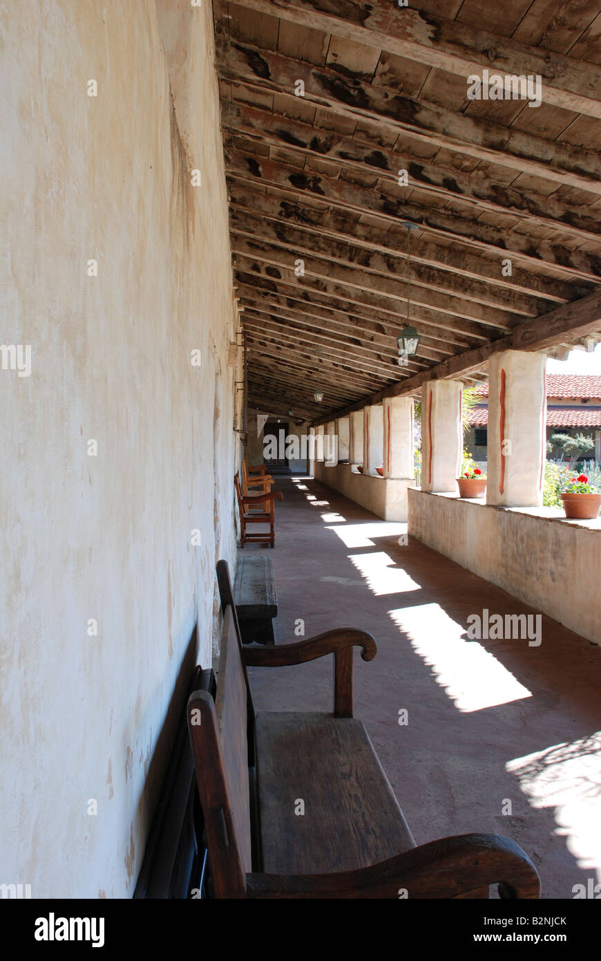 Benches Lining The Portico With Wood Roof Awning At The Carmel