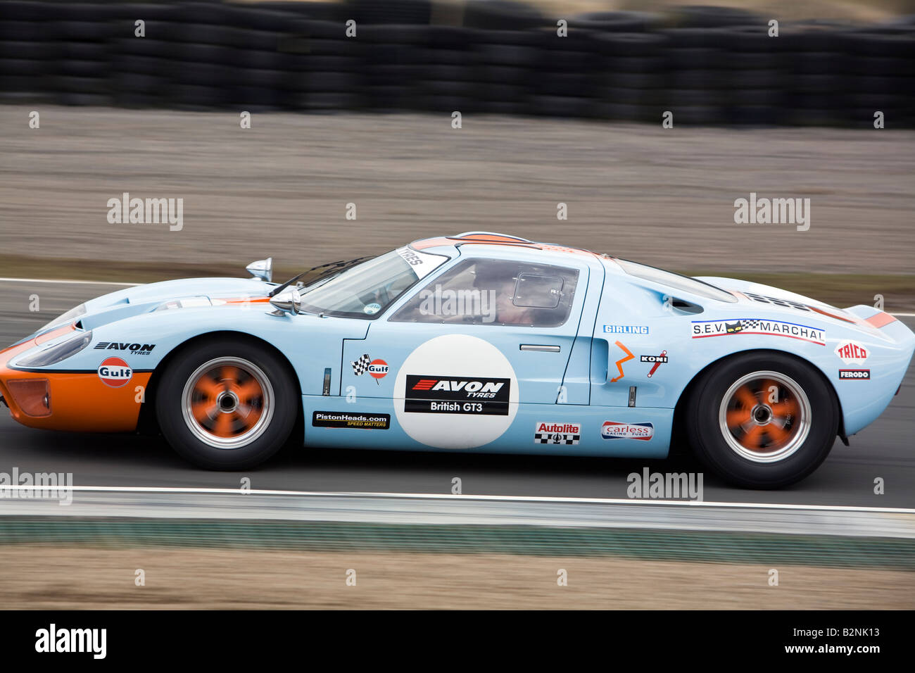 Ford GT40 Continuation GT40P 2140 Gulf Racing livery Knockhill racing circuit Fife Scotland Stock Photo