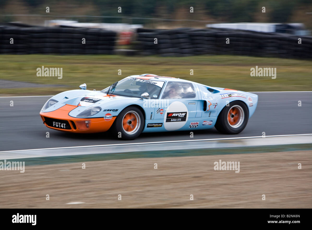 Ford GT40 Continuation GT40P 2140 Gulf Racing livery Knockhill racing circuit Fife Scotland Stock Photo