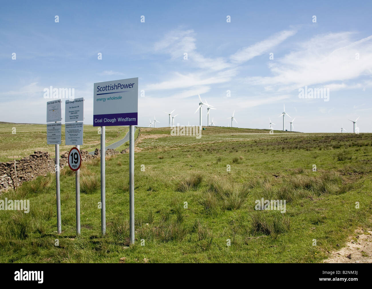 Site entrance and safety signage at the entrance to Coal Clough Windfarm, Cliviger, Near Burnley, Lancashire, England, UK. Stock Photo