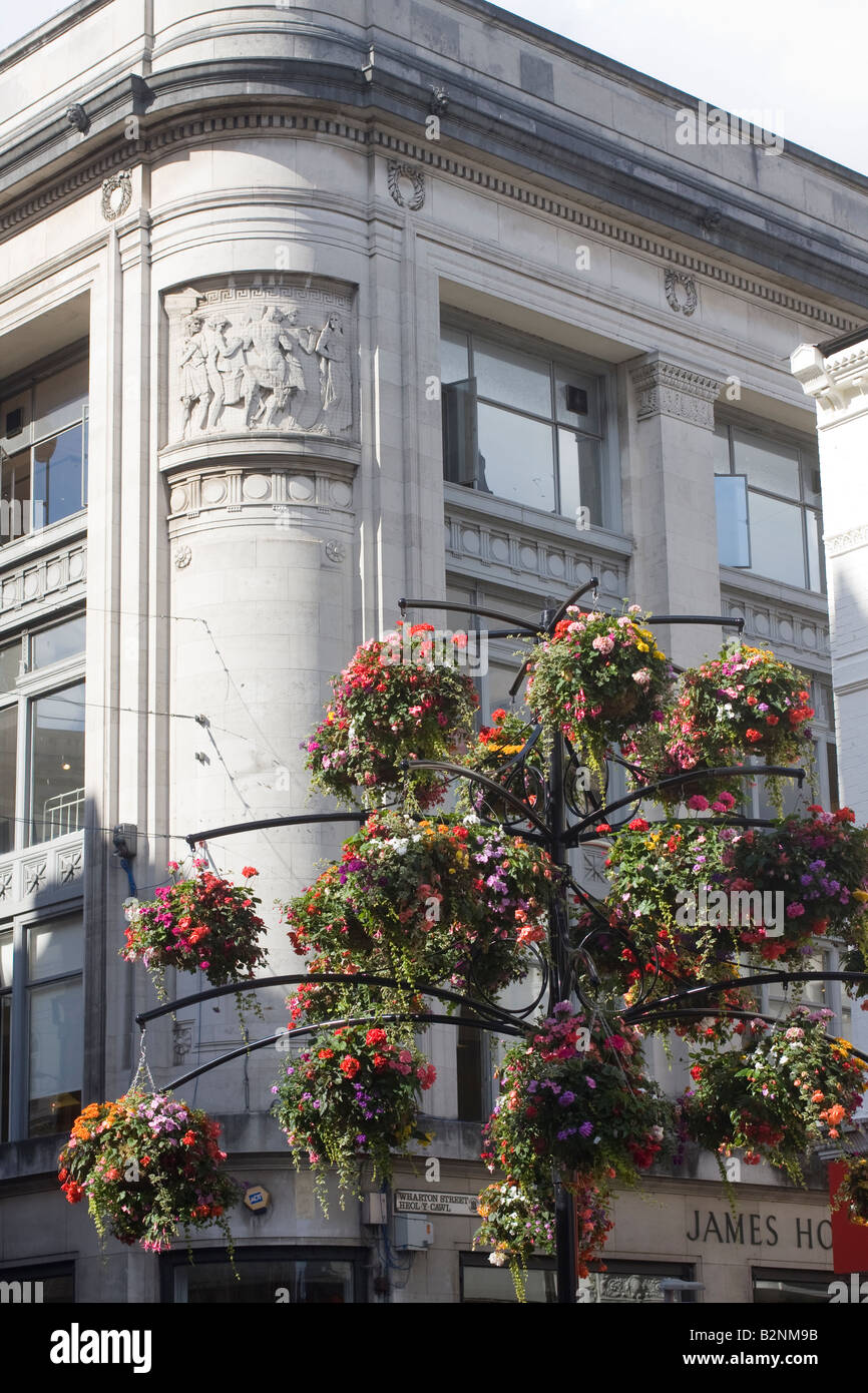 Flower baskets outside Howells Department Store St Mary Street Cardiff Stock Photo Alamy