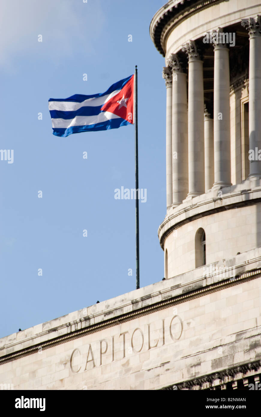 Cuban national flag flying on the Capitolio in La Habana Vieja Havana Cuba Stock Photo