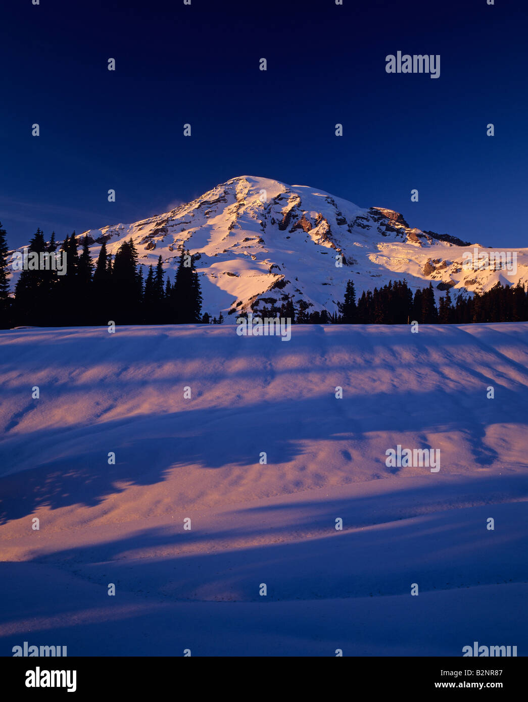 Mount Rainier covered in snow at sunset Mount Rainier National Park ...