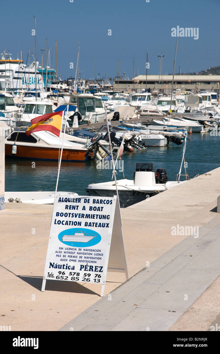 Costa Blanca Spain Denia harbour and marina with boats for hire sign Stock  Photo - Alamy