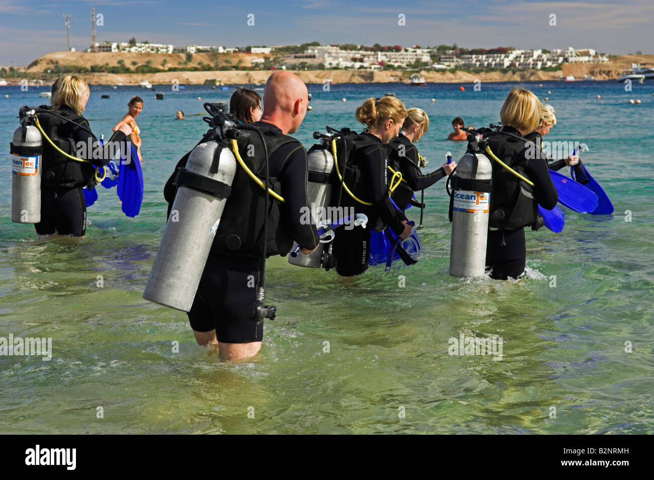 Group of Experience Scuba divers standing in the water Naama Bay Sharm el Sheikh Sinai Egypt December sun Stock Photo