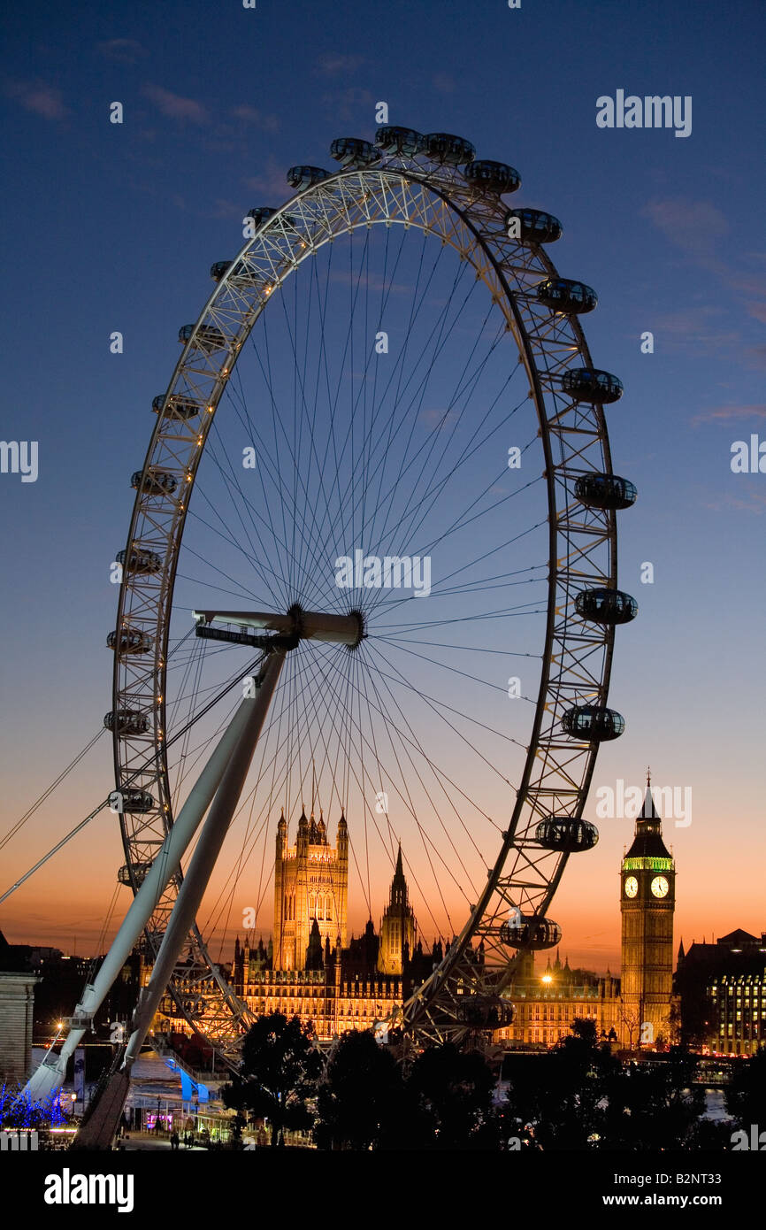 England, London. London Eye and Big Ben at sunset Stock Photo