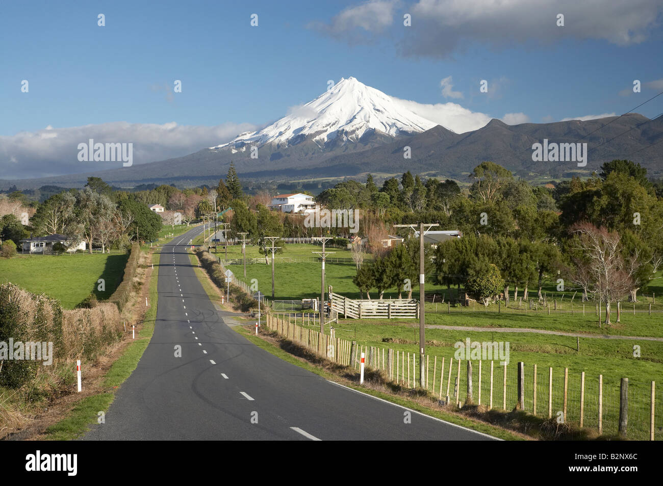 Road and Mt Taranaki Mt Egmont Taranaki North Island New Zealand Stock Photo