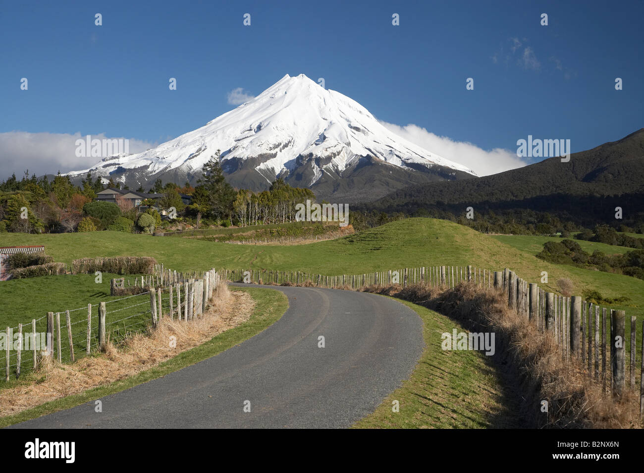Road and Mt Taranaki Mt Egmont Taranaki North Island New Zealand Stock Photo