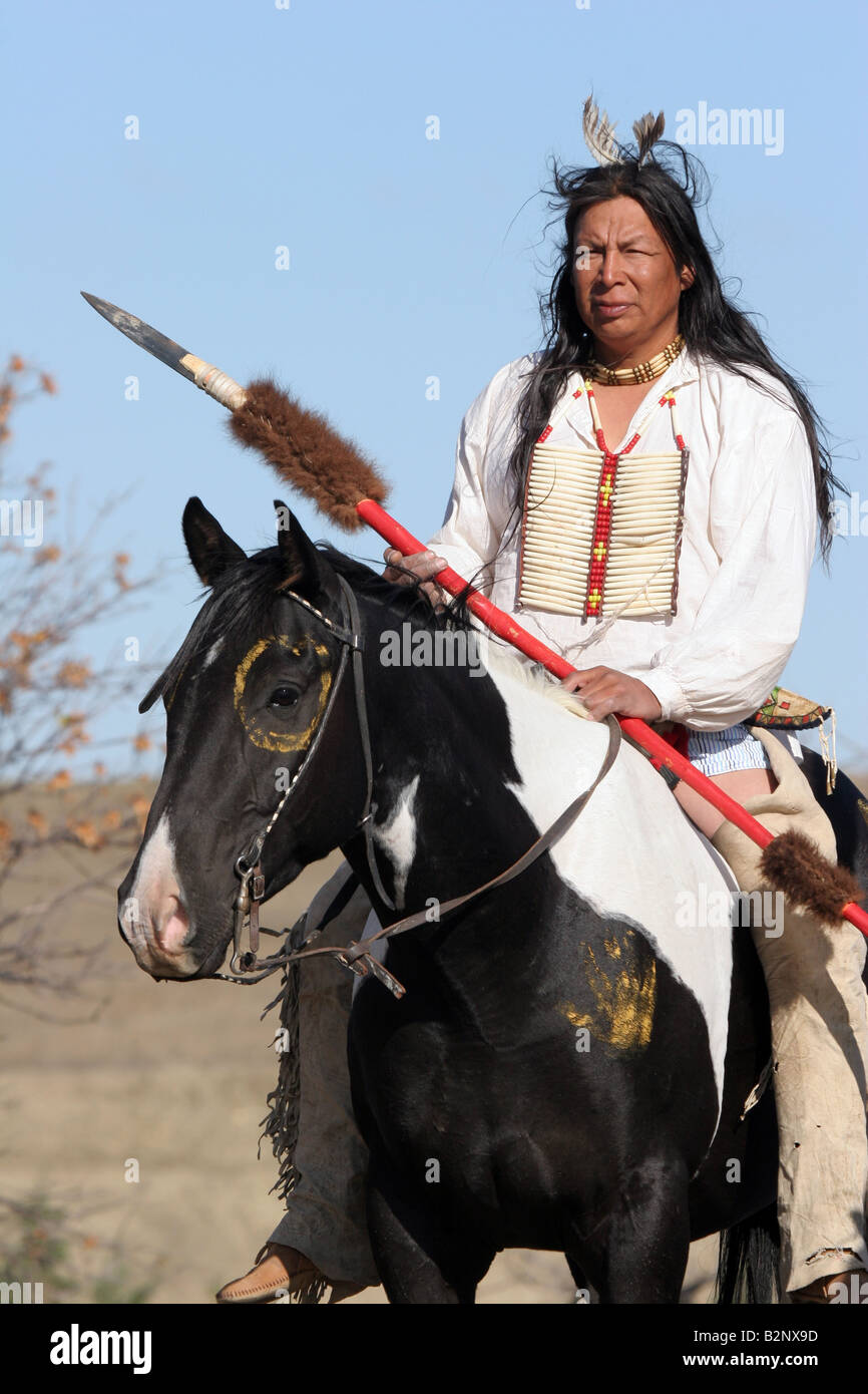 A Native American Sioux Indian on Horseback with a spear Stock Photo