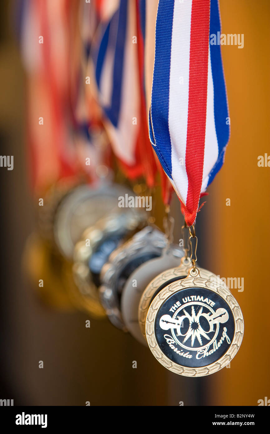 Medals for the Ultimate Barista Award Challenge hang in Ryan Denhardt s