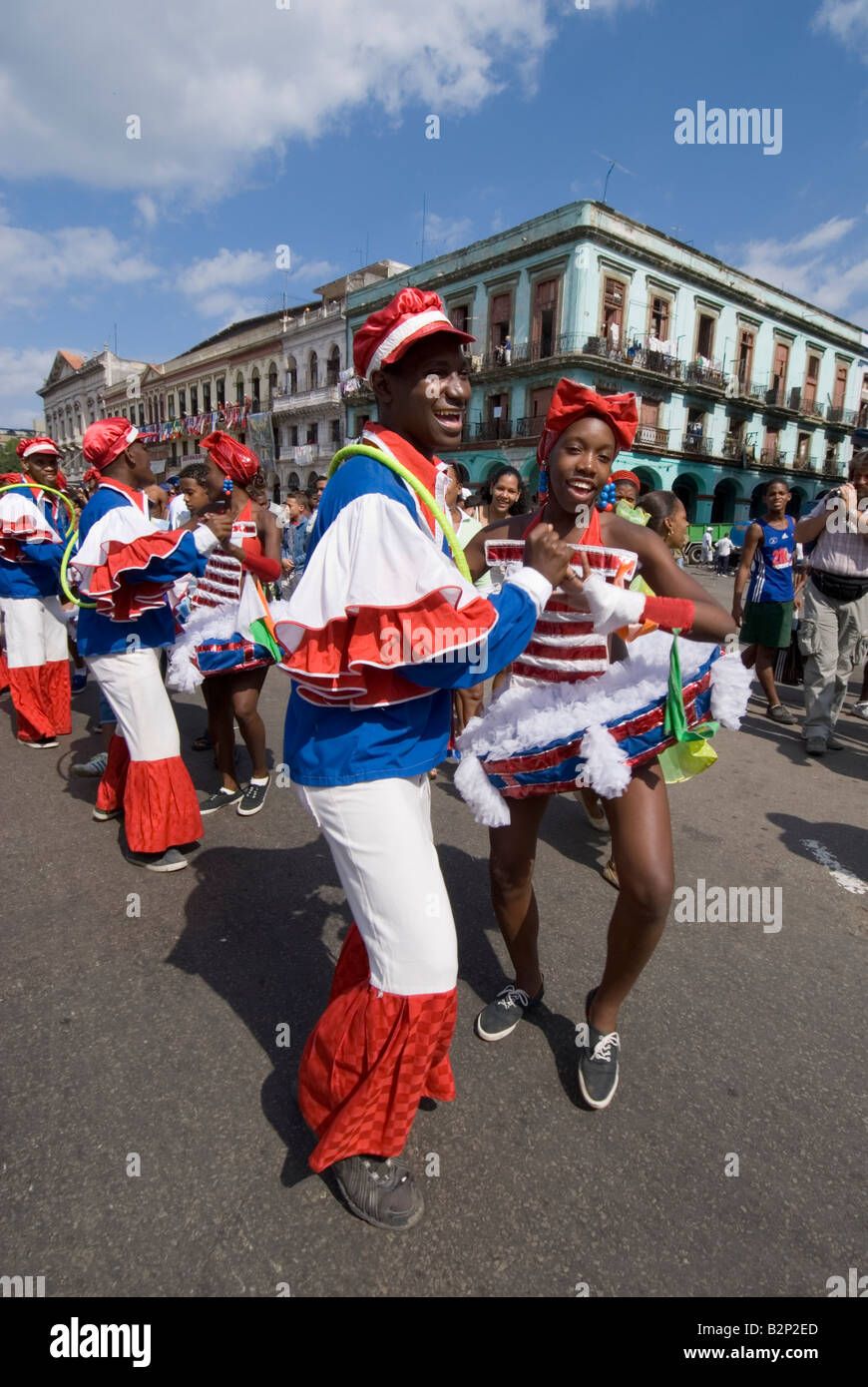 Afrocuban carnival group Los componedores de batea performing in the streets of La Habana Vieja Havana Cuba Stock Photo