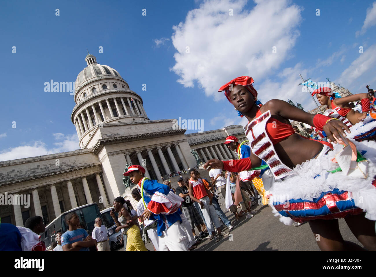 Afrocuban carnival group Los componedores de batea performing in front of the Capitolio in La Habana Vieja Havana Cuba Stock Photo