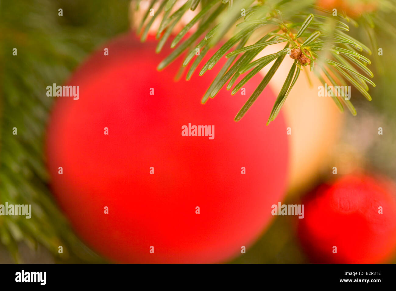 Blurred christmas tree decorations background Focus on the fir needles in the foreground Stock Photo