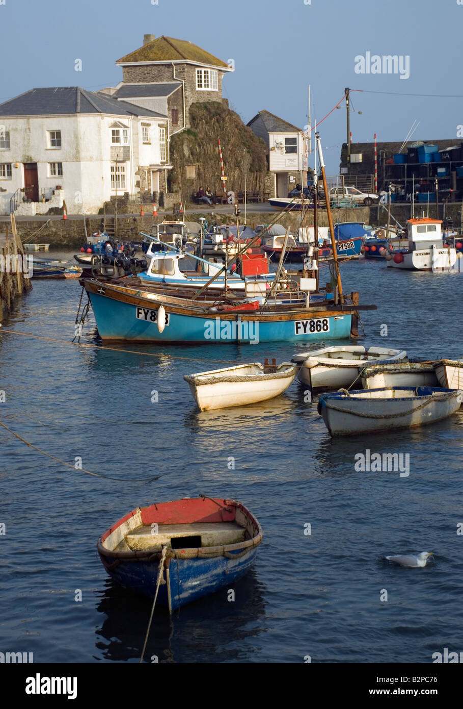 fishing boats in mevagissy harbour cornwall,berth, boat, building, cargo, century,  cornwall, cottages, dock, Stock Photo