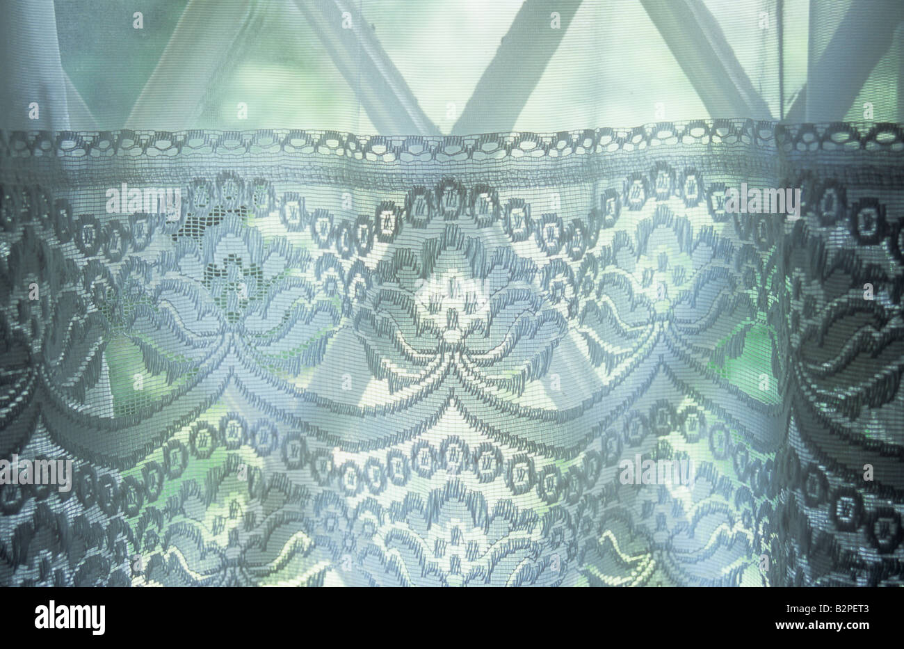 Detail of net curtain with deep ornate flower pattern border against period diamond leaded window viewing sunlit garden Stock Photo