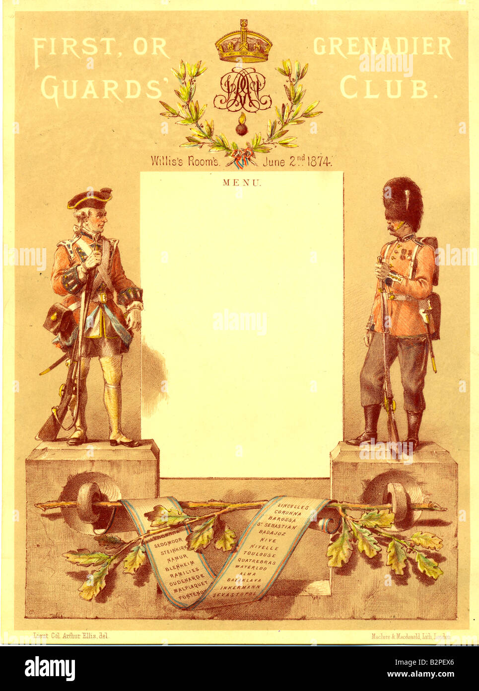 Lithographed menu for Grenadier Guards' Club 1874 Stock Photo