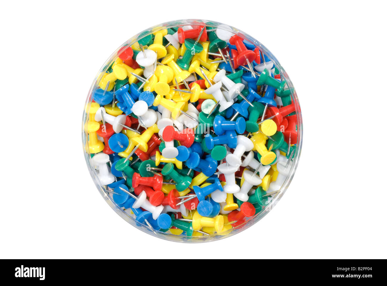 Assorted colored push pins packaged and isolated on white Stock Photo