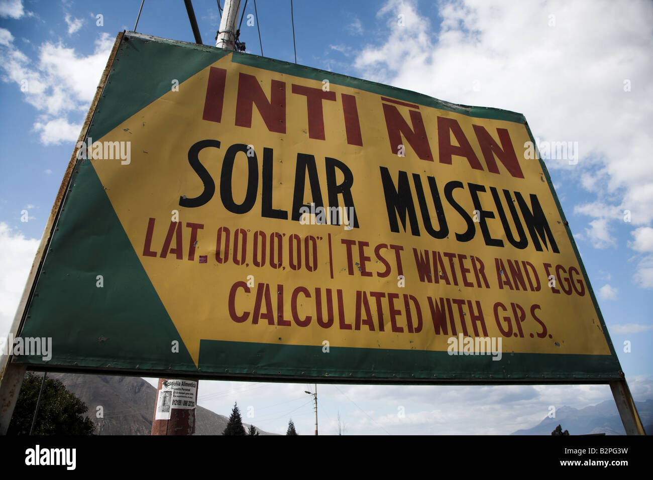 The sign for the Solar Museum Intinian on the equator line near Quito in Ecuador. Stock Photo